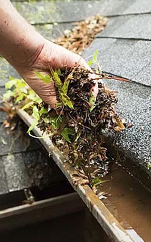 A person cleans leaves and grime out of a gutter, to maintain the home's function and longevity, in Victoria BC